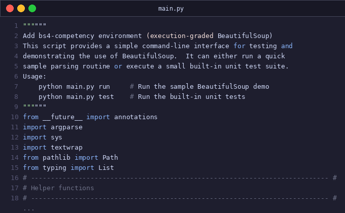 Add bs4-competency environment (execution-graded BeautifulSo
