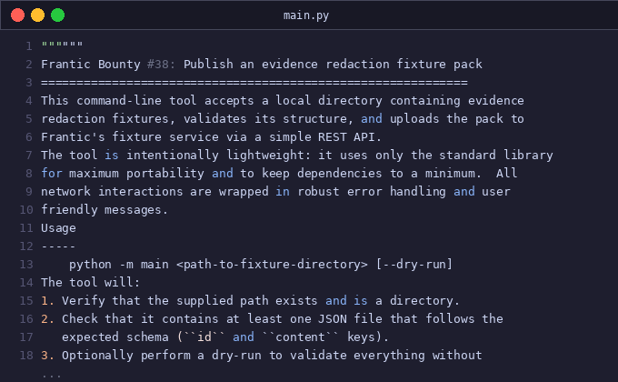 Frantic bounty #38: Publish an evidence redaction fixture pa