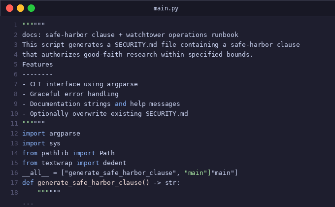 docs: safe-harbor clause + watchtower operations runbook