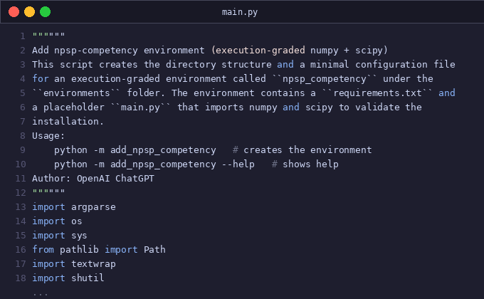 Add npsp-competency environment (execution-graded numpy + sc